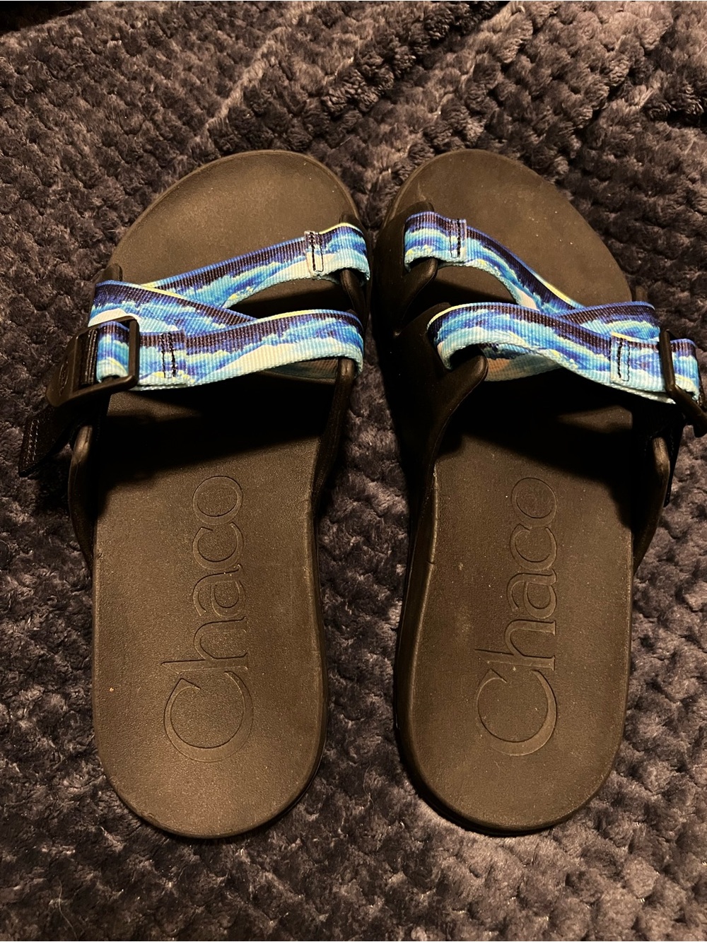 Chaco Men's Black Slide Sandals with Blue Patterned Straps